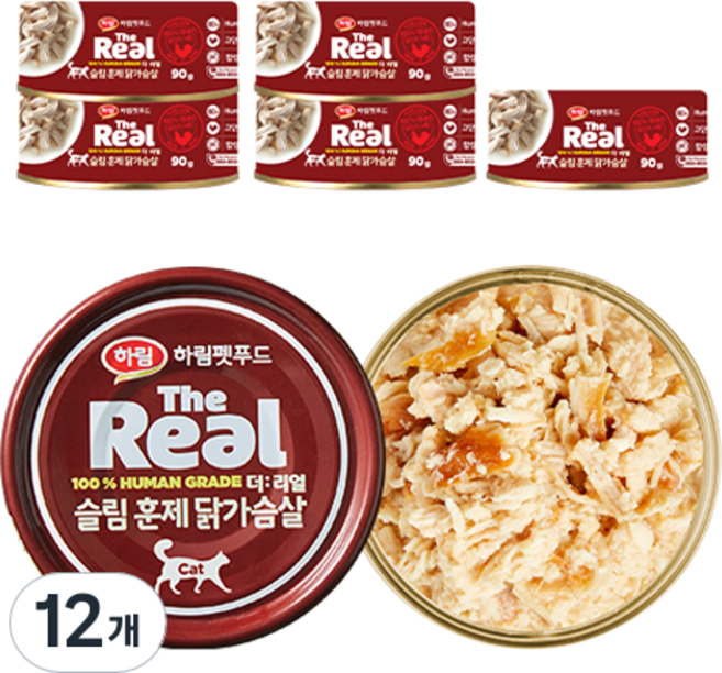 하림펫푸드 고양이 더리얼 슬림 훈제 간식캔, 닭고기, 90g, 12개