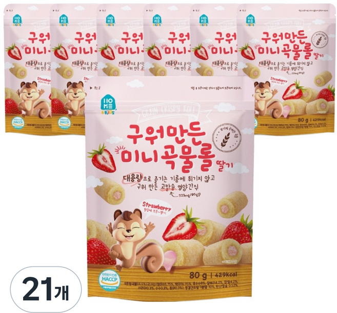 홈앤키즈 구워만든 미니곡물롤, 딸기맛, 80g, 21개