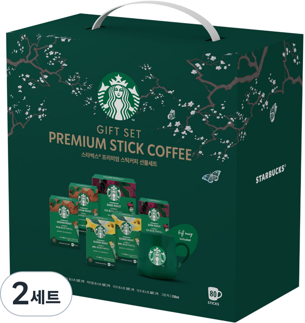 스타벅스 프리미엄 설 로스트 아메리카노 다크 10p + 다크 30p + 미디엄 10p x 2개 + 블론드 10p x 2개 + 머그 그린 350ml 선물세트, 5종, 2세트