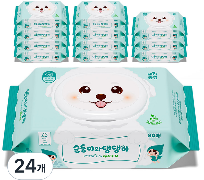 Soondoongi 順順兒 寵物順順與狗狗 優質綠色中性濕紙巾, 80入, 24個