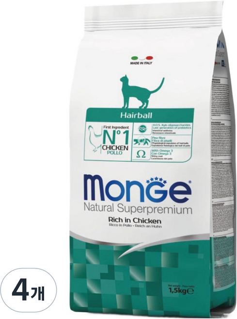 몬지 고양이 내추럴 슈퍼프리미엄 헤어볼 어덜트 치킨, 1.5kg, 4개