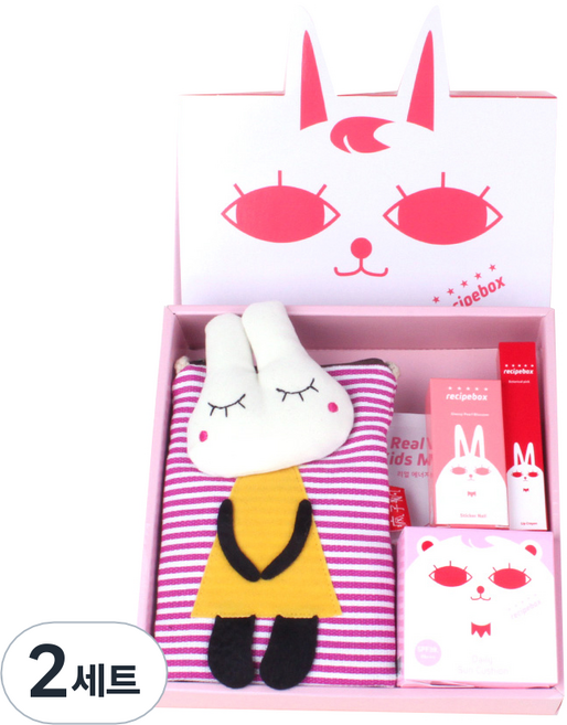레시피박스 해피박스 어린이 메이크업 5종 세트, 가방(랜덤) + 어린이 마스크팩 2p + 매니큐어 글로시펄블라썸 + 립크레용 + 데일리 썬쿠션, 2세트