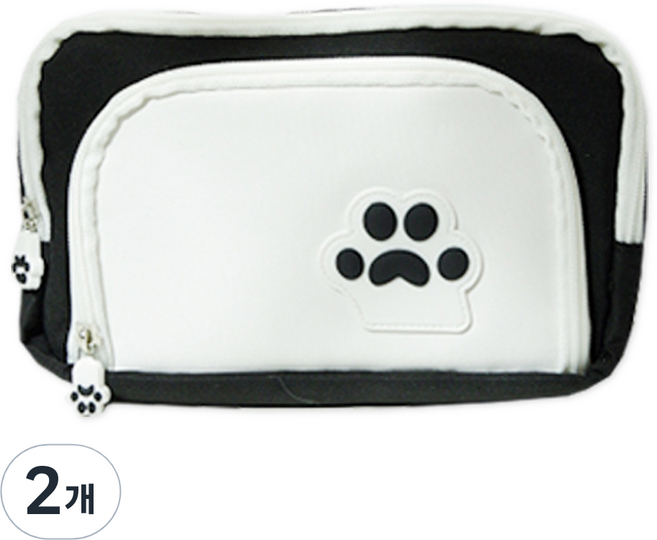 동아피엠에스 대용량 심플 고양이 발바닥 3포켓 필통, 블랙, 2개