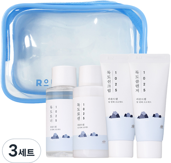 라운드랩 1025 독도 트래블 키트 토너 + 로션 + 선크림 + 클렌저 + 파우치 세트, 3세트