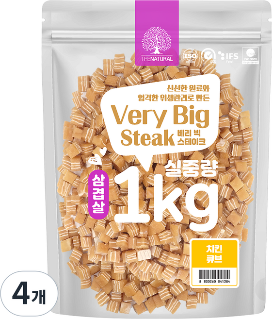 더내추럴 강아지 베리빅 삼겹살 스테이크 간식, 치킨큐브, 1kg, 4개