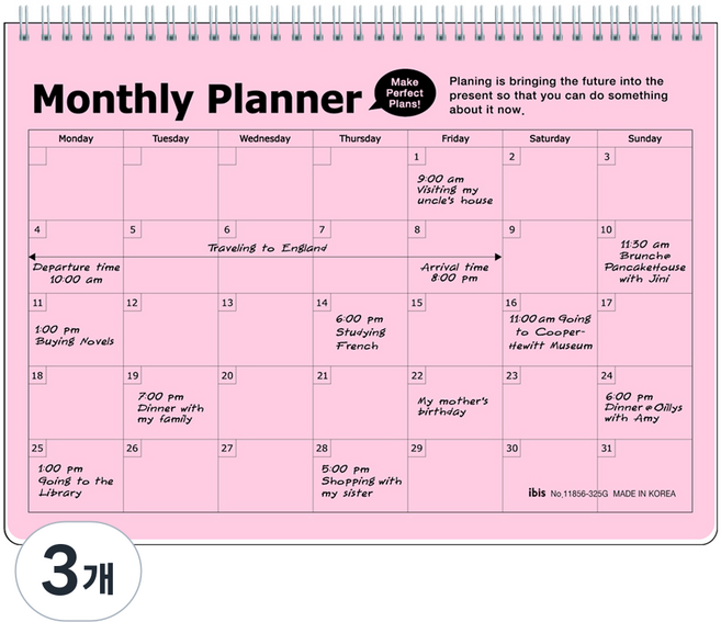 아이비스 PP 먼슬리 플래너, 연분홍, 3개