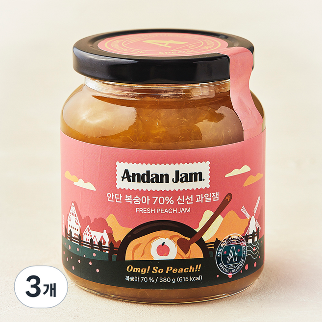 안단잼 안단 복숭아 70% 신선 과일잼, 380g, 3개