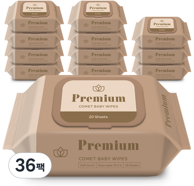 코멧 프리미엄 휴대용 아기물티슈 엠보싱 캡형, 75g, 20매, 36팩