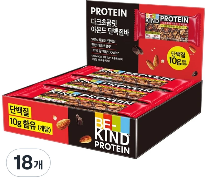 비카인드 다크초콜릿 아몬드 단백질바, 40g, 18개 - 쿠팡