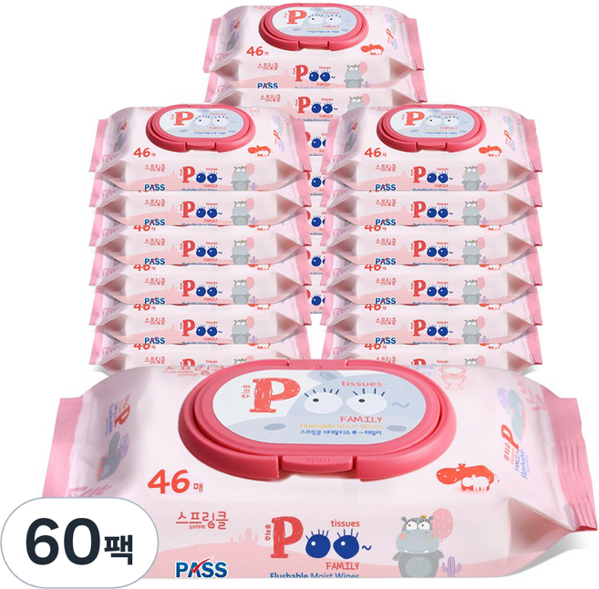 스프링클 푸티슈 러블리핑크 비데물티슈 캡형, 60개, 46매입