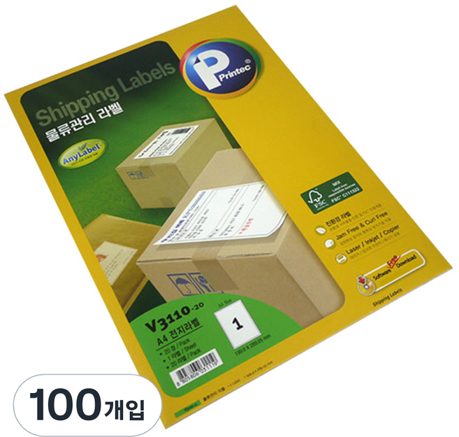 프린텍 애니 화물물류 관리용 라벨지 V3110-20, 1칸, 100개