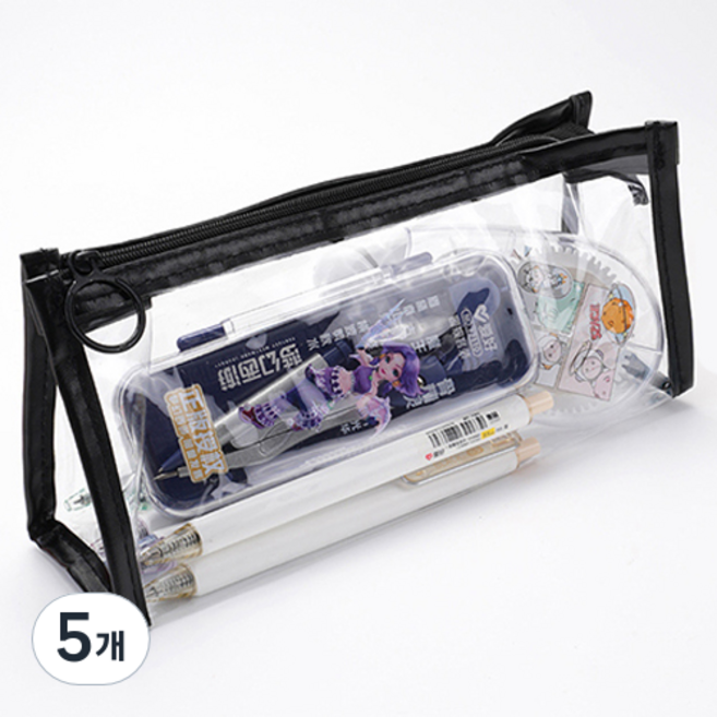 문곰상점 감성 심플 PVC 투명 필통, 블랙, 5개