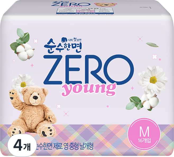 순수한면 제로 영 생리대 날개형, 중형, 16개입, 4개