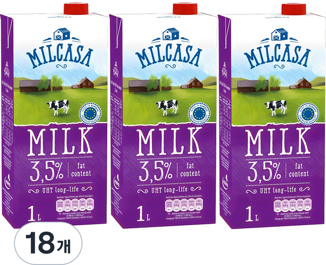 밀카사 멸균우유 3.5%, 1L, 18개