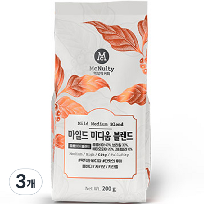맥널티 원두 마일드 미디움 블렌드, 200g, 3개, 홀빈(분쇄안함)