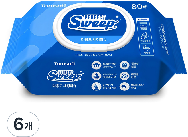 탐사 베이킹소다 함유된 한번에 잘 닦이는 다용도 세정티슈 80매 엠보싱, 6개