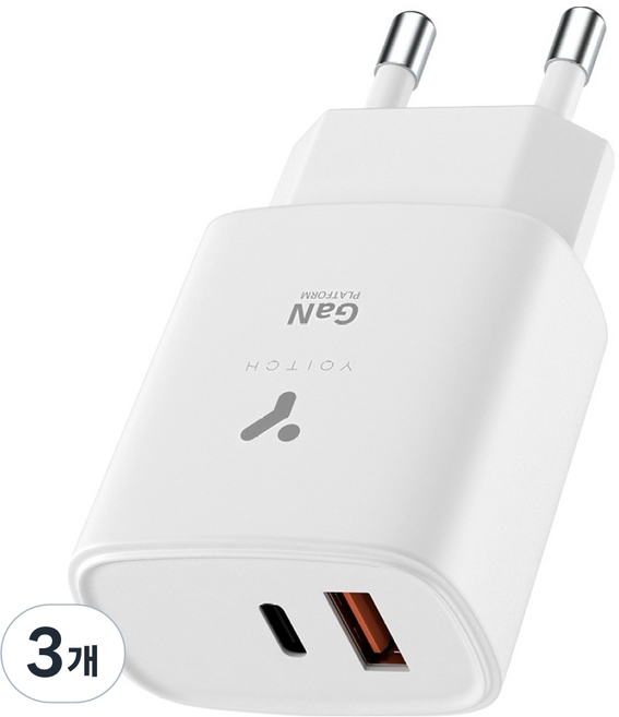 요이치 25W GaN 듀얼포트 2포트 C타입 + USB 타입 PPS 초고속 PD 충전기, 화이트, 3개