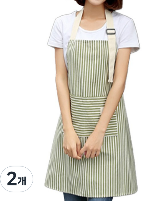 신고온 심플 린넨 스트라이프 앞치마, 그린, 2개