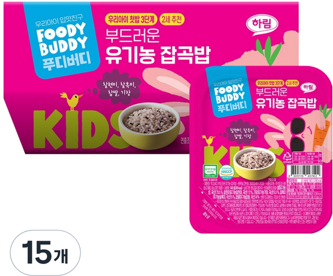 푸디버디 부드러운 유기농 잡곡밥, 잡곡, 140g, 15개