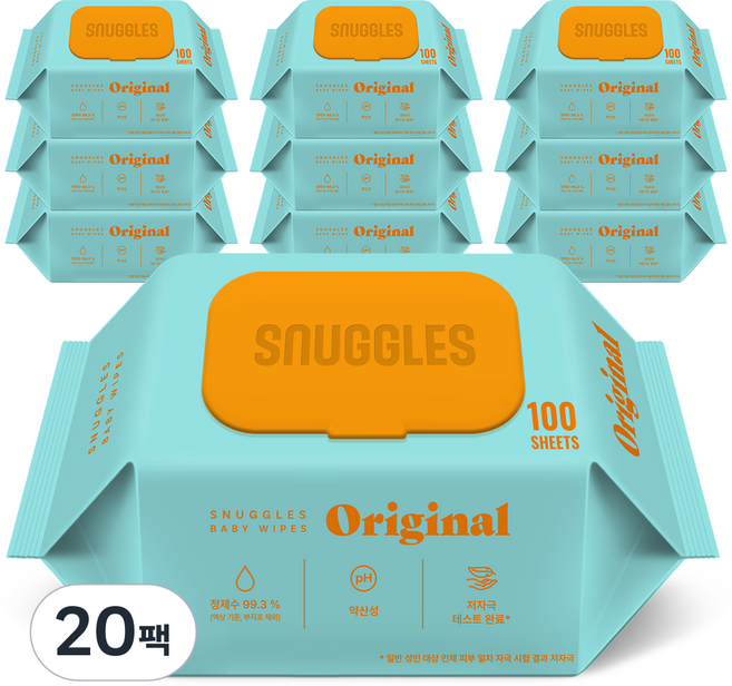 스너글스 오리지널 유아용 아기물티슈 엠보싱 캡형 피부 저자극 인증, 20팩, 100매, 50g