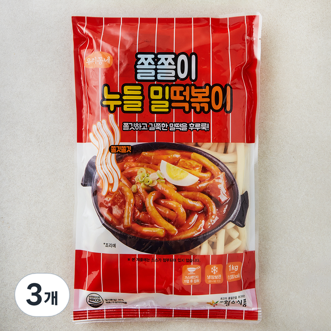 황소식품 우리동네 쫄쫄이 누들 밀떡볶이, 1kg, 3개