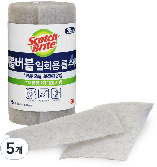 스카치브라이트 3M 버블버블 일회용 롤 수세미, 28개입, 5개