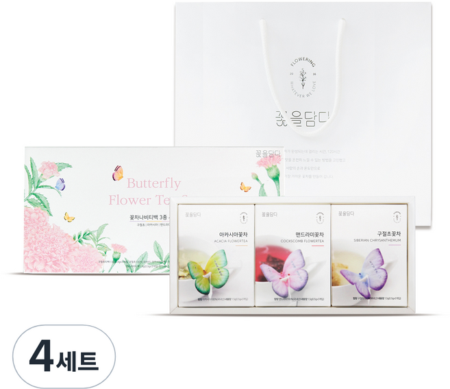꽃을담다 나비 티백 꽃차 3종 x 3p + 핑크 박스 +쇼핑백 선물 세트, 꽃차 3종 + 박스 + 쇼핑백, 4세트