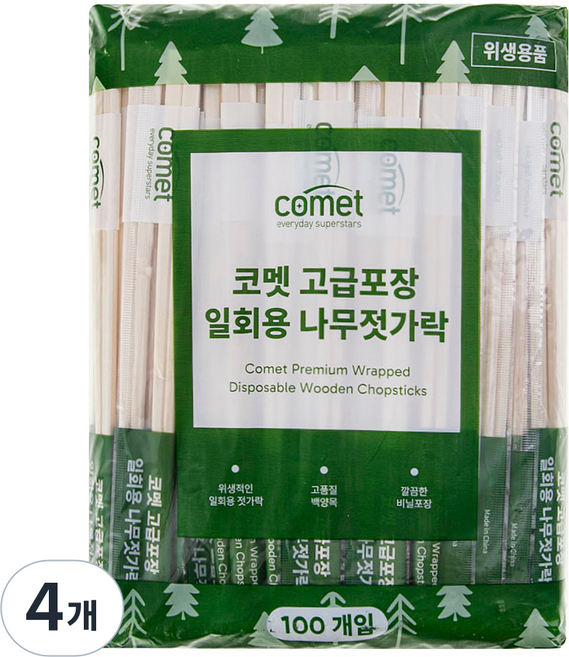 코멧 고급포장 일회용 나무젓가락, 4개, 100개입