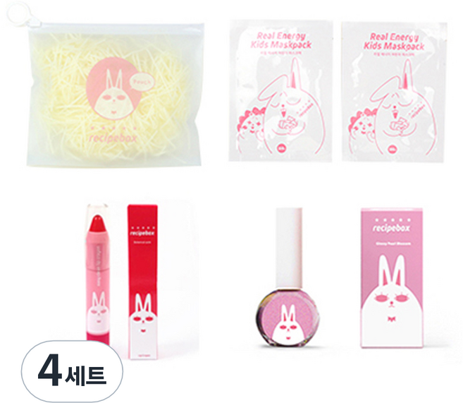 레시피박스 어린이 여행용 심플 메이크업 세트, 휴대용 파우치 + 어린이 마스크팩 2p + 립크레용 + 매니큐어 글로시펄 블라썸, 4세트