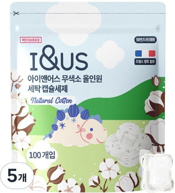 아이앤어스 무색소 올인원 세탁 캡슐세제 내츄럴 코튼, 100개입, 5개