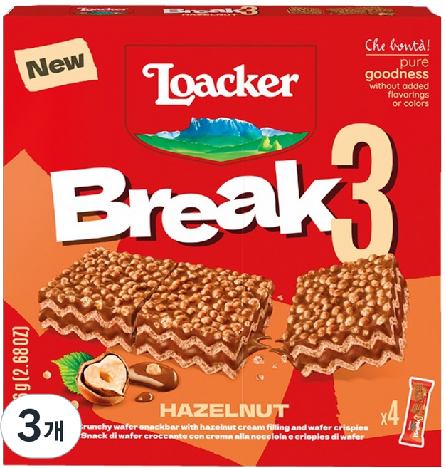 로아커 브레이크3 헤이즐넛 초콜릿 웨이퍼 스낵바 4p, 76g, 3개