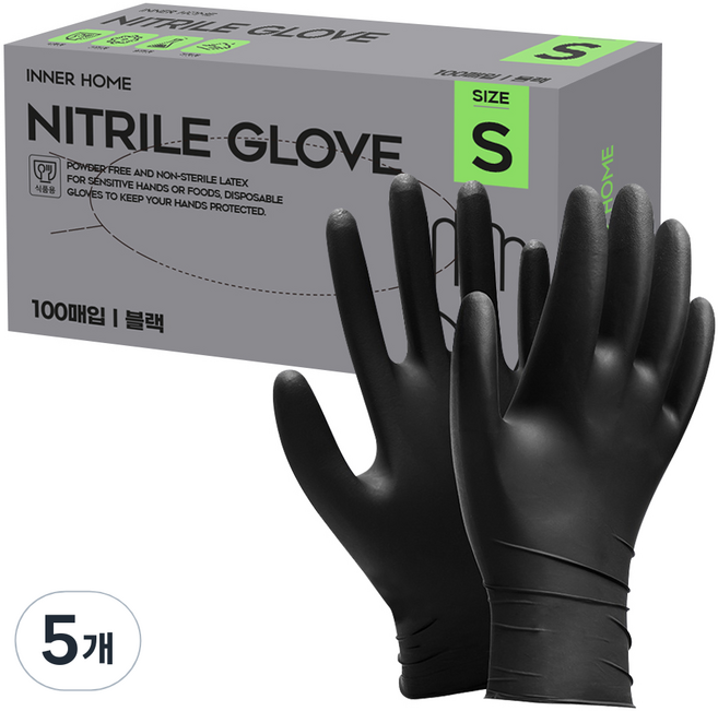 이너홈 니트릴장갑 100p, 블랙, 소(S), 5개
