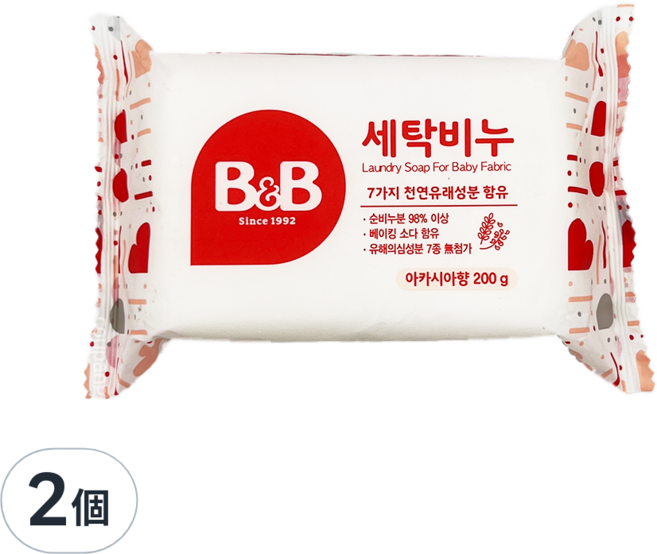 B&B 嬰幼兒衣物洗衣皂 刺槐香, 200g, 2個