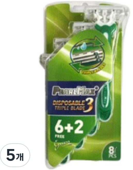 PearlMax 3단 블레이드 일회용면도기 그린, 5개, 8개입