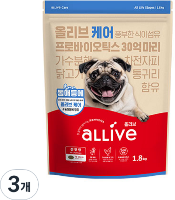 대주펫푸드 강아지 올리브 기능성 사료, 장건강/유산균, 1.8kg, 3개