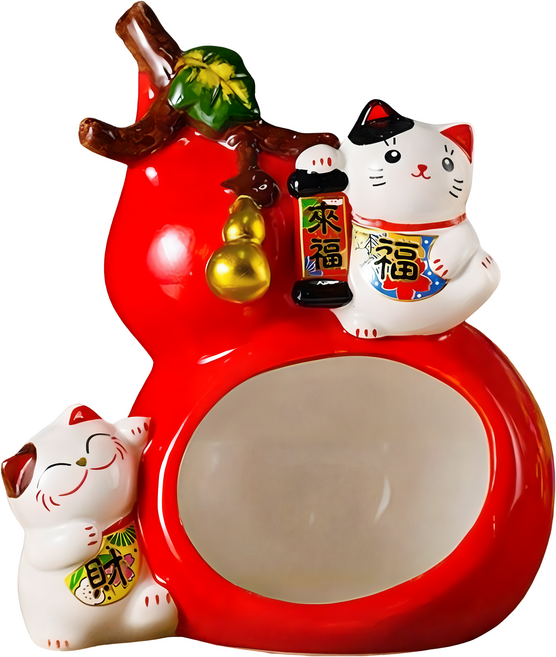 摩達客 葫蘆福祿滿滿招財貓來福如意大口收納陶瓷擺飾 開運招財, 紅色