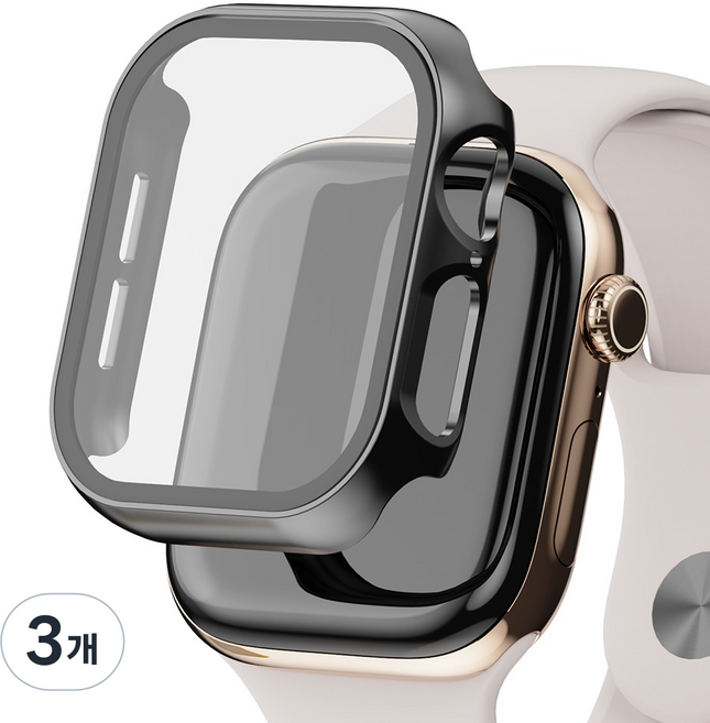 굿밸류 애플워치 풀커버 강화유리 액정보호 케이스, 블랙, 3개