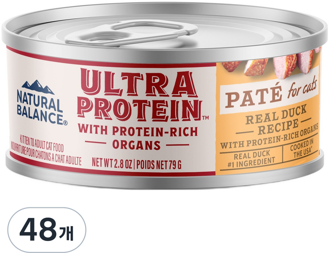 내추럴발란스 고양이 전연령 울트라 프로틴 리얼 파테 레시피 캔, 오리, 79g, 48개