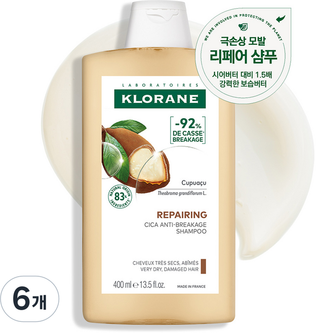 클로란 쿠푸아수버터 리페어링 극손상모 샴푸, 400ml, 6개