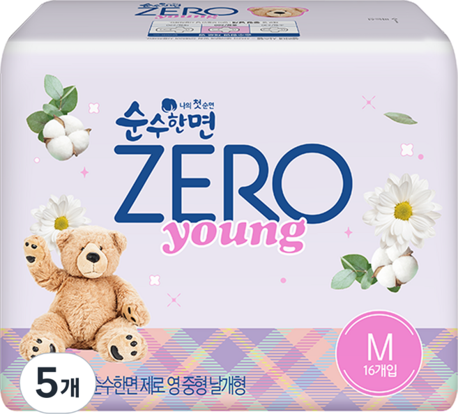 순수한면 제로 영 생리대 날개형, 중형, 16개입, 5개