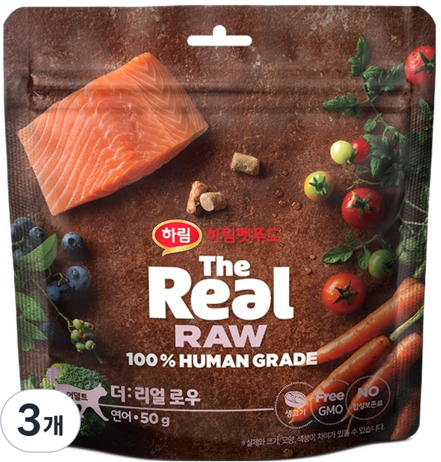 하림펫푸드 어덜트 더리얼 로우 캣 건식사료, 연어, 50g, 3개