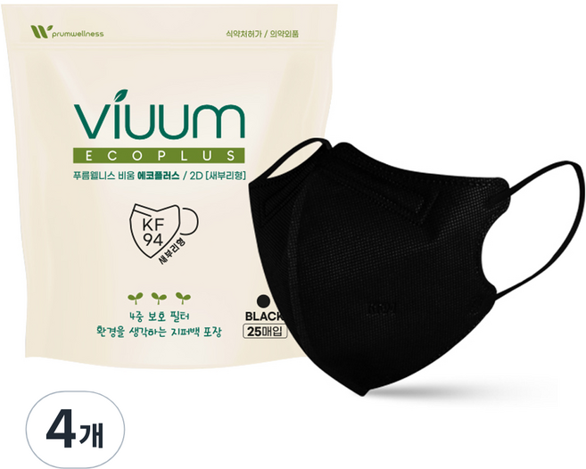 viuum 곰하늘날다 에코플러스 보건용 마스크 대형 KF94, 25개입, 4개, 블랙