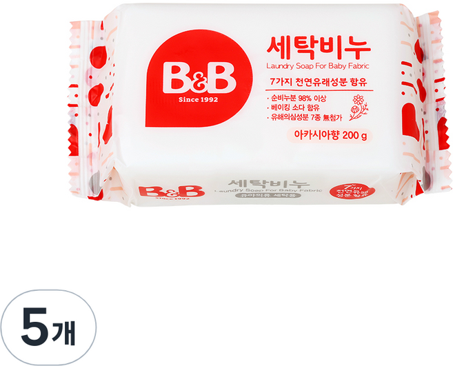 비앤비 유아의류용 세탁비누 아카시아, 200g, 5개
