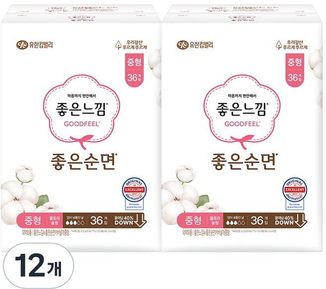 좋은느낌 좋은순면 생리대 날개형, 중형, 36개입, 12개