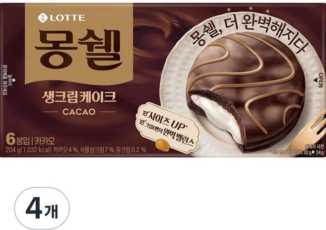 몽쉘 카카오 생크림 케이크 6p, 204g, 4개