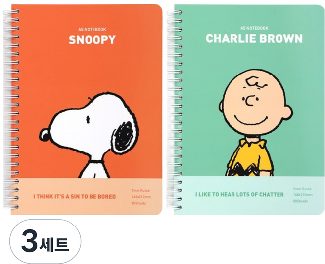 스누피 A5 스프링 유선노트 2종 세트, 3세트, 오렌지, 민트