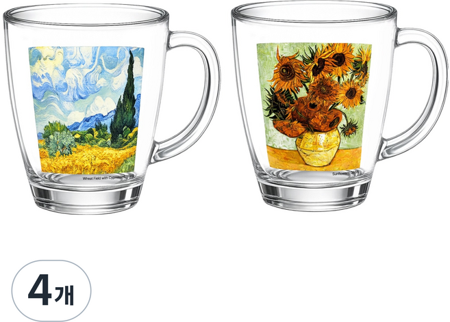 발룬피니 고흐그림 유리 물컵 380ml, 랜덤발송, 4개