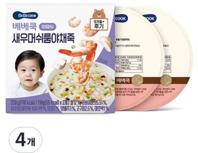 BEBECOOK 後期 蝦仁蘑菇蔬菜粥 常溫副食品 2入, 4個, 220g