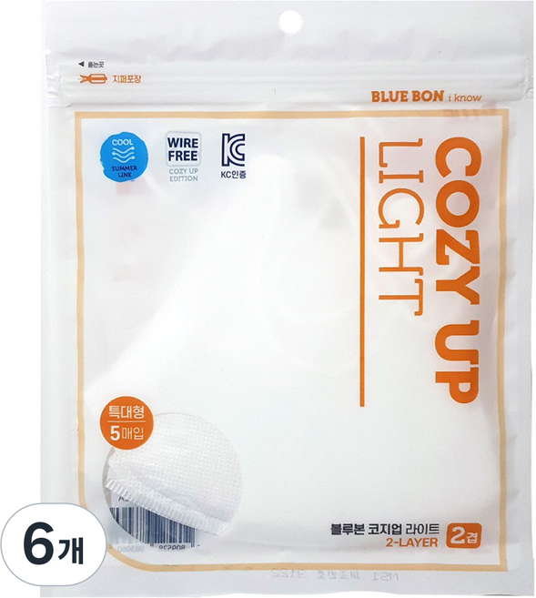 bluebon I KNOW Cozy Up 輕薄口罩 特大號, 白色, 6個, 5入
