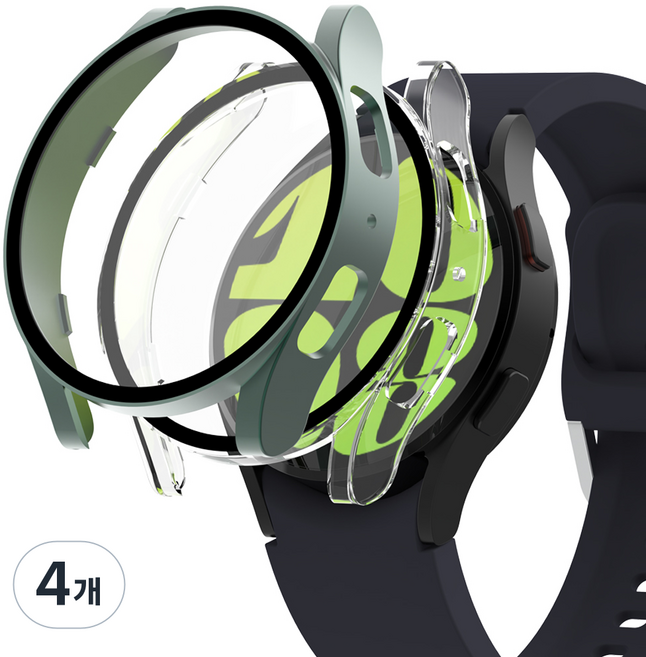 누아트 변색없는 갤럭시 워치 풀커버 하드 케이스 세트, 그린+투명, 4개